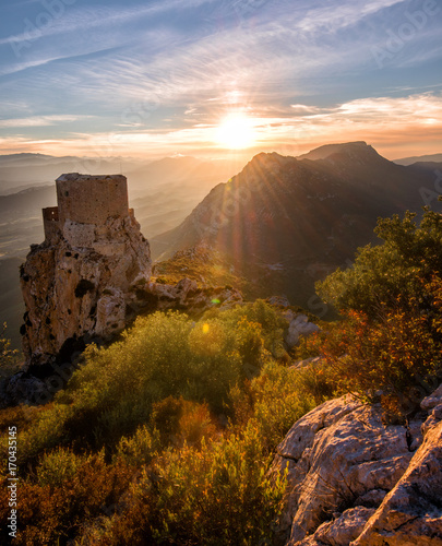 Old Castle staring at Fall's colors: Sunset taken in the French Cathare region the day before the last moon eclipse.