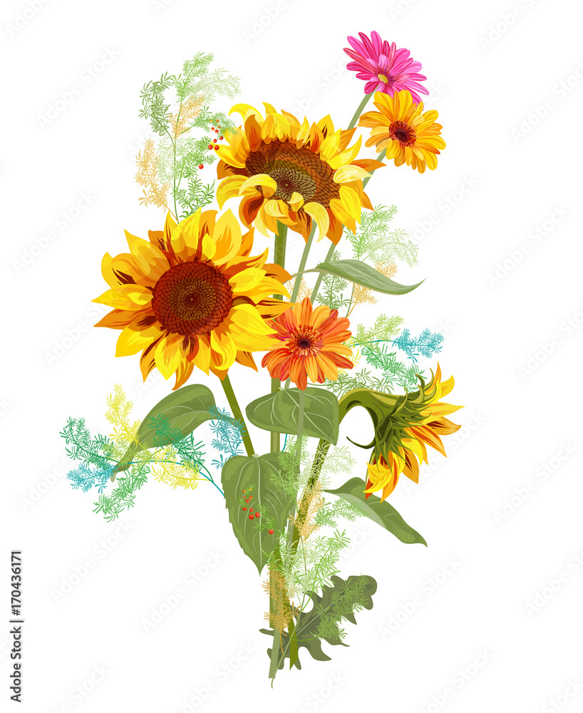 Naklejka premium Bouquet autumn flowers: yellow sunflowers, orange gerbera daisy flower, small green twigs of Asparagus on white background. Digital draw, illustration in watercolor style for design, vector