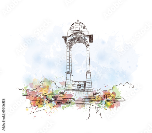 Watercolor sketch of India Gate New Delhi in vector illustration.