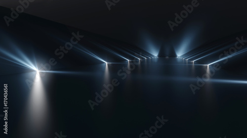 Futuristic dark podium with light and reflection background