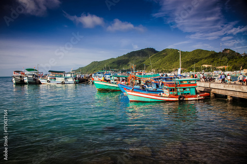 traditional colorful Vietnamese fishing boats in the main port of Nam Du Islands, Kien Giang, Vietnam. Nam Du has become a popular tourist attraction, but foreigner are only allowed in with a permit.