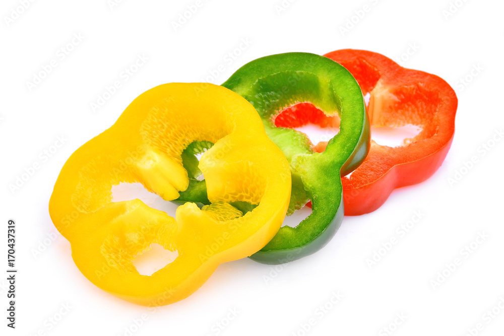 slice of sweet bell pepper or capsicum isolated on white background slice of sweet bell pepper or capsicum isolated on white background