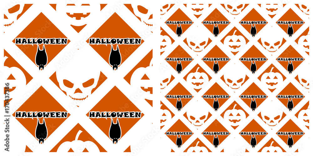 Fototapeta premium Seamless of Halloween pattern on transparent background. Single pattern is shown in the left. The example of assembly seamless is shown in the right. 