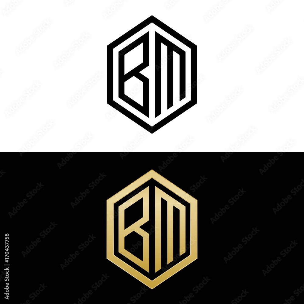 initial letters logo bm black and gold monogram hexagon shape vector