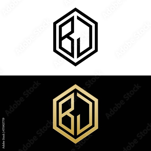initial letters logo bj black and gold monogram hexagon shape vector