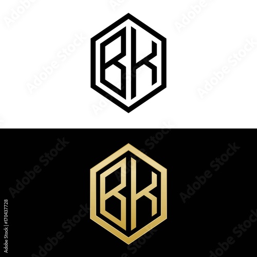 initial letters logo bk black and gold monogram hexagon shape vector