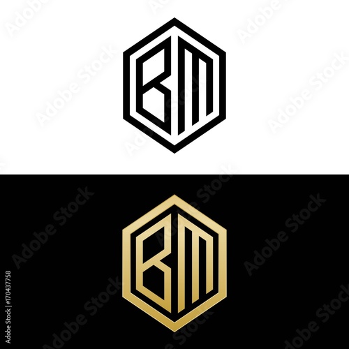 initial letters logo bm black and gold monogram hexagon shape vector