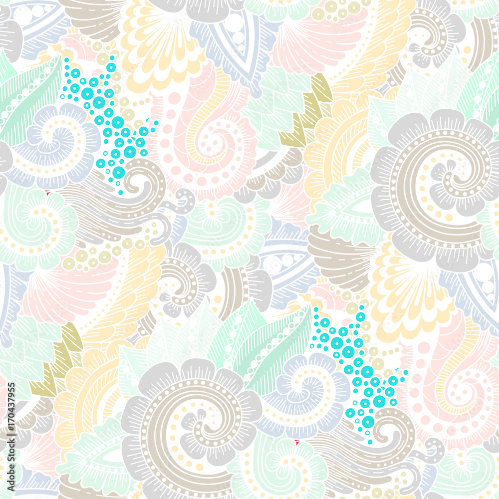 Fototapeta premium Seamless ornamental vivid ethnic doodle pattern. Floral background with flowers, berries, waves, leaves, curly lines. Good for wallpaper, pattern fills, textile, fabric, wrapping, surface textures.