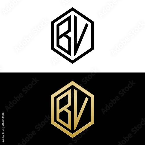 initial letters logo bv black and gold monogram hexagon shape vector