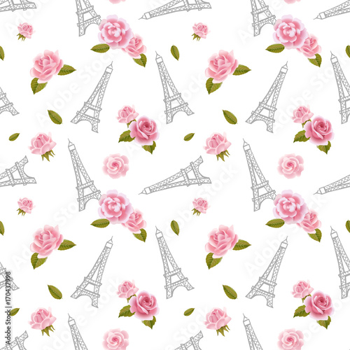 Seamless pattern with Eiffel Tower and roses on white background.