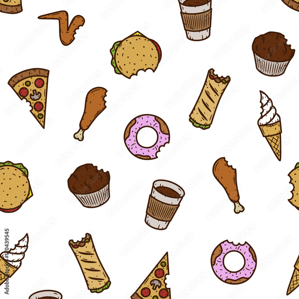 Hand-drawn seamless fast food pattern. Vector illustration. Hand-drawn seamless fast food pattern. Vector illustration.