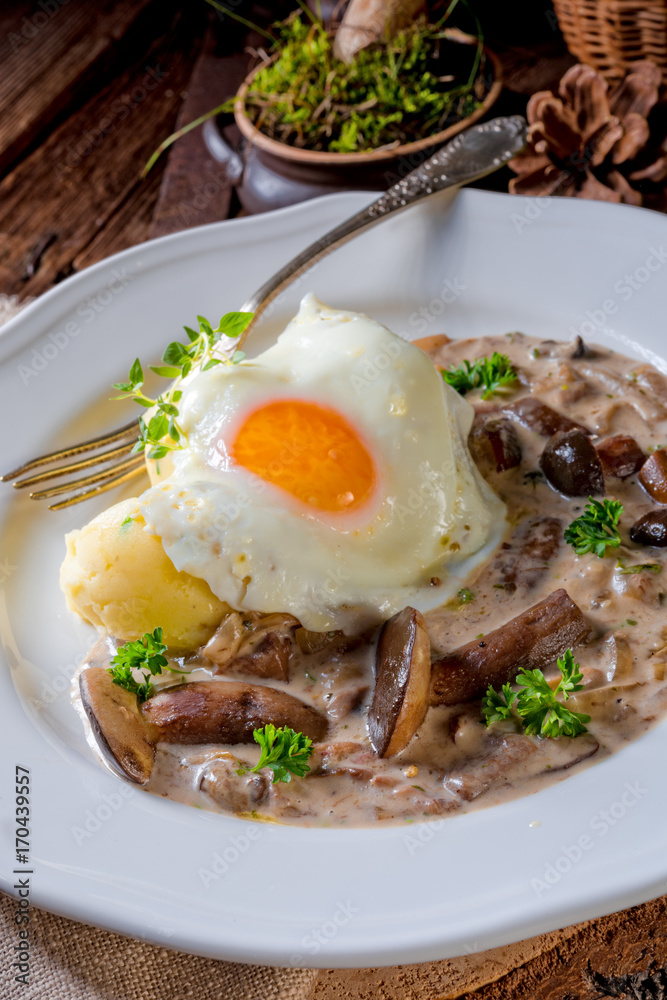 Forest mushroom sauce with fresh mushrooms, potato and poached egg Forest mushroom sauce with fresh mushrooms, potato and poached egg