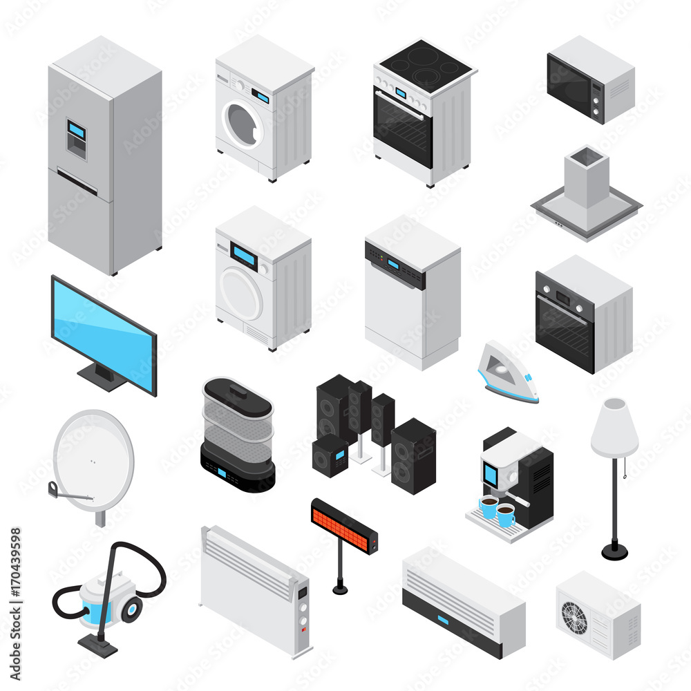 Household Appliances Isometric Icons Set Household Appliances Isometric Icons Set