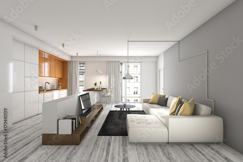 3d rendering living room with sofa and tv near kitchen bar