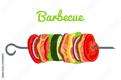 Barbecue with meat, vegetables. Fried meat for picnic. Vector illustration