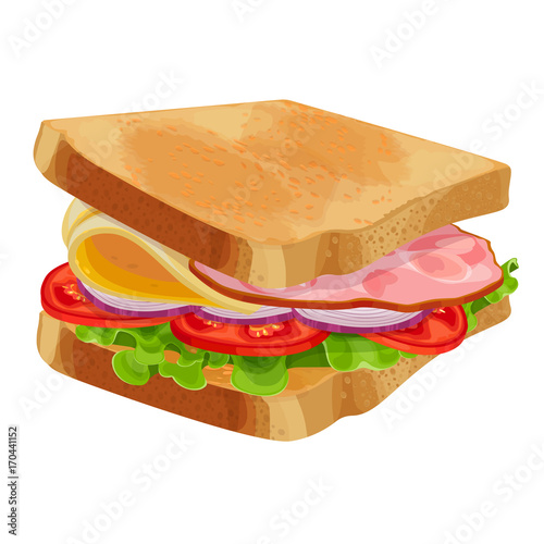 Toasted sandwich with green lettuce, sliced tomatoes and onion, cheese