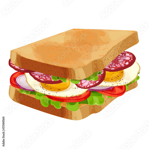 Toasted sandwich with green lettuce, sliced tomatoes and onion, egg