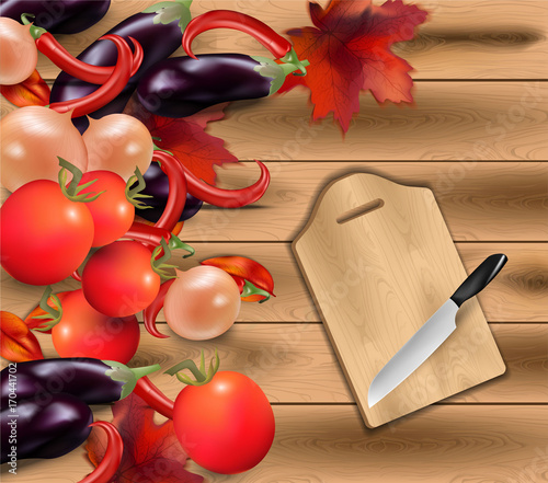 Vegetables on wood background realistic. Kitchen Knife Vector template