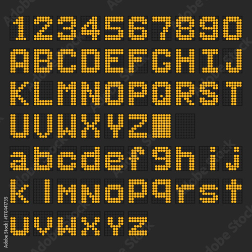 Orange LED digital english uppercase, lowercase font, number display on black background