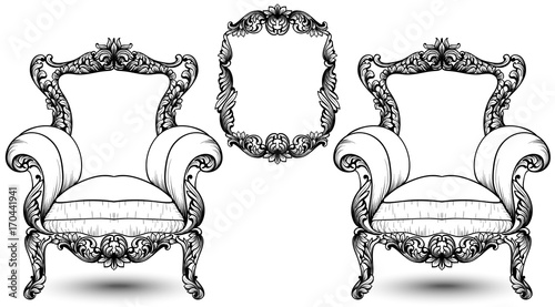 Baroque elegant armchair and frame set on white background. Vector design