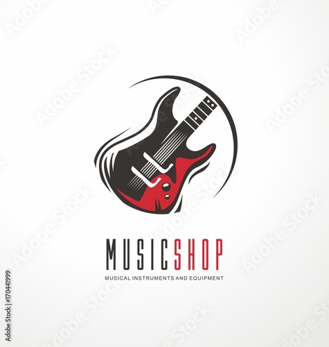 Music shop logo design concept with electric guitar in circle. Emblem for musical instruments store, 