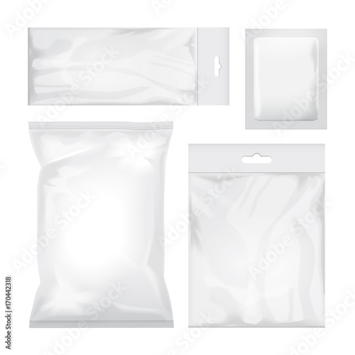 Set of blank white and transparent foil bag packaging for food, snack, coffee, cocoa, sweets, crackers, chips, nuts, sugar. Vector plastic pack mock up