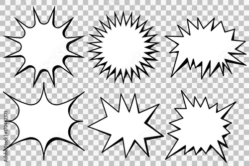 Blank template comic text speech bubble star set vector. Dialog empty box space. Comics book sketch explosion sudden burst bomb