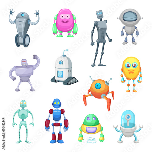 Characters of funny robots in cartoon style. Vector mascot set of androids and astronauts