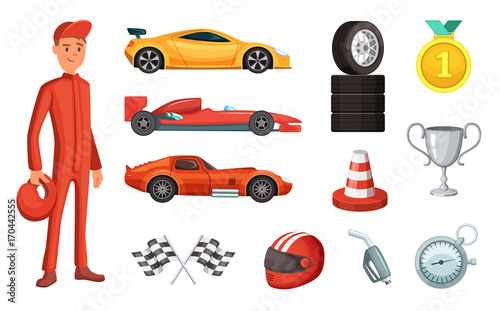 Sport cars and different racing icons set. Engine, helmet, motor and other formula symbols
