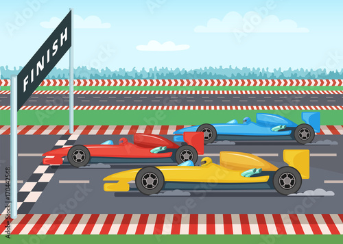 Race cars on finish line. Sport background illustration