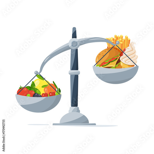 Healthy food and fast food on the scales. Choose that you eat. Vector picture in cartoon style