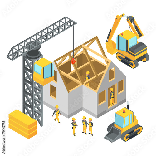 Building under construction. Isometric pictures set