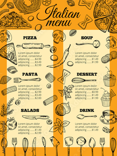 Italian food menu of different pasta and pizza. Design template for gourmet retaurant