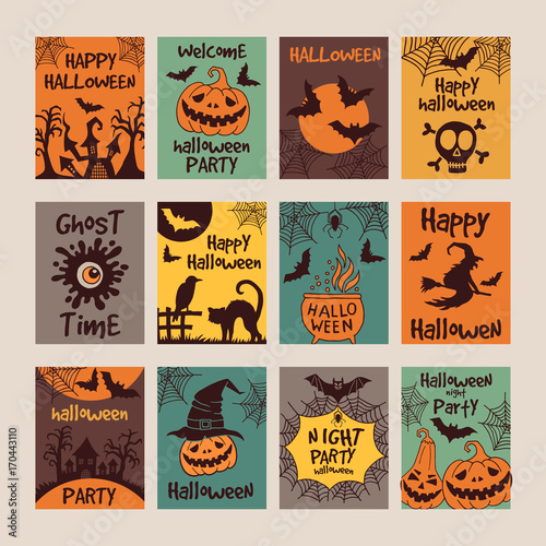 Halloween party invitation cards with different scary illustrations