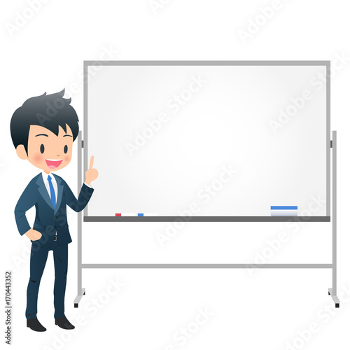 ホワイトボードを使って説明するスーツ姿の若い男性ビジネスマン