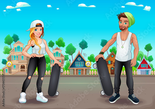 Skaters boy and girl on the street