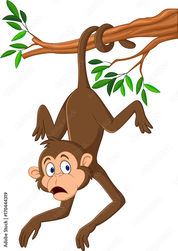 Cartoon monkey hanging on the tree branch with his tail Stock Vector |  Adobe Stock