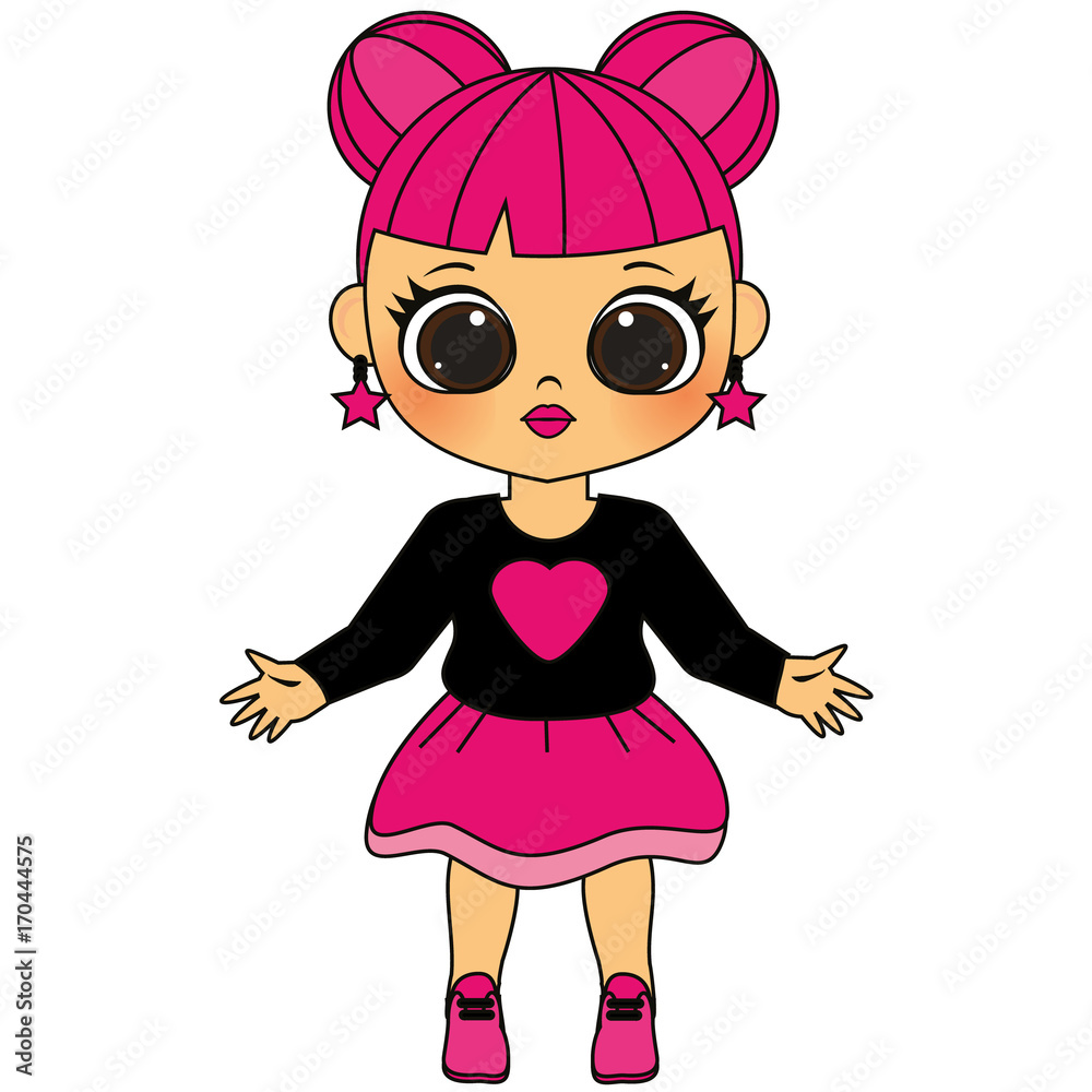 Kids fashion. Beautiful pink haired chic Girl in party clothes. illustration for kids fashion, prints, textile. Cute kawaii style