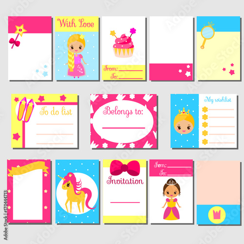 Cards, sticky notes, stickers, labels, tags, with cute princess characters. Template for kids scrapbook, invitations. Stationery for girls.