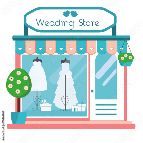 Wedding store facade view. Wedding salon building icon. Boutique shop with fashionable bridal dresses. Vector illustration