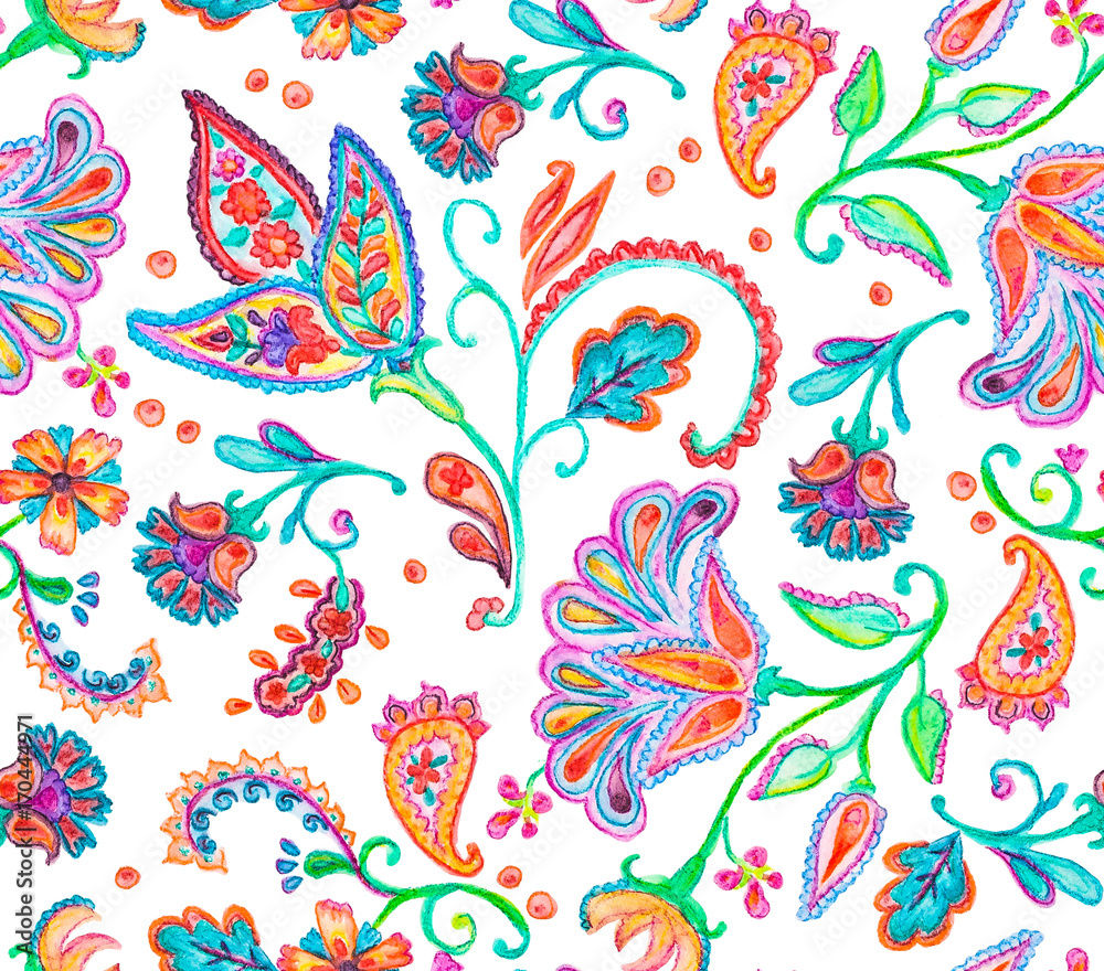 Hand drawn flower seamless pattern (tiling). Colorful seamless pattern with flowers, paisley and leaves. Isolated objects on a white background. Doodle style. Perfect for textile, cover design.