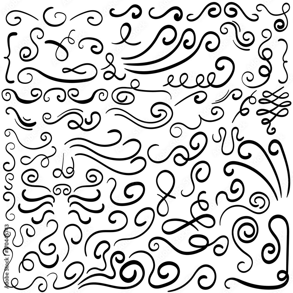 Set of hand drawn calligraphic design elements. Flourish swirl ornate decoration for wedding cards, in invitations, save the date cards, postcard, menu, romantic style. Set of hand drawn calligraphic design elements. Flourish swirl ornate decoration for wedding cards, in invitations, save the date cards, postcard, menu, romantic style.