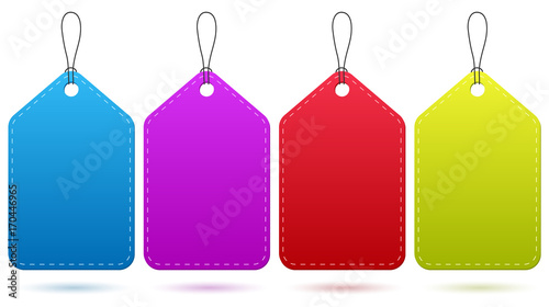 set of blank price circle tags 4 colors blue yellow red and purple with string and shadow isolated on white background.