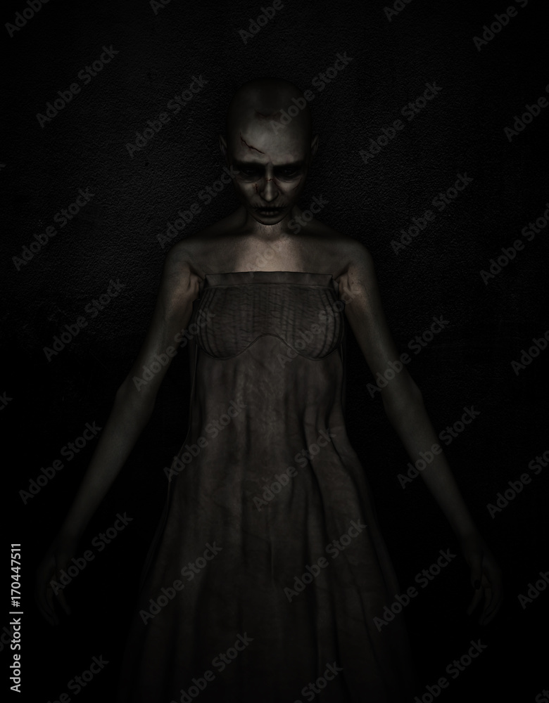 3d illustration of scary ghost woman in the dark,Horror background,mixed media 