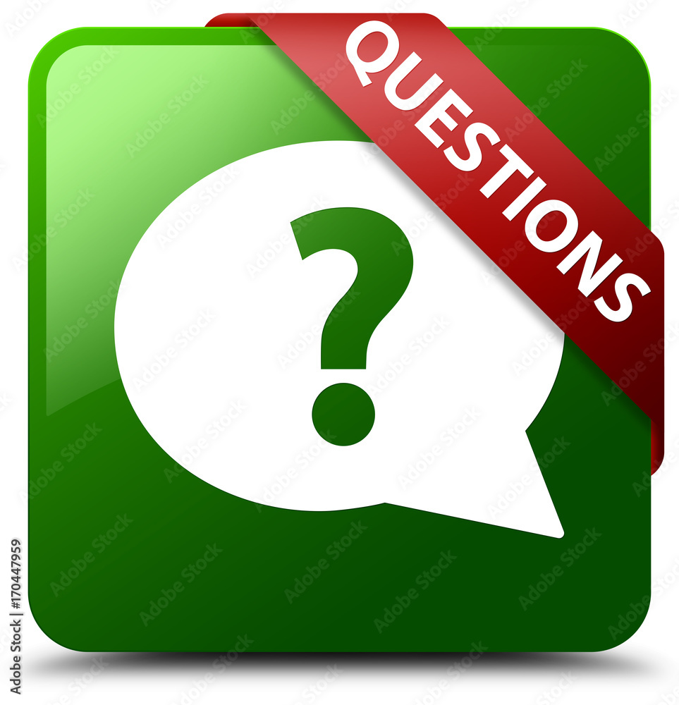 Questions (bubble icon) green square button red ribbon in corner Questions (bubble icon) green square button red ribbon in corner