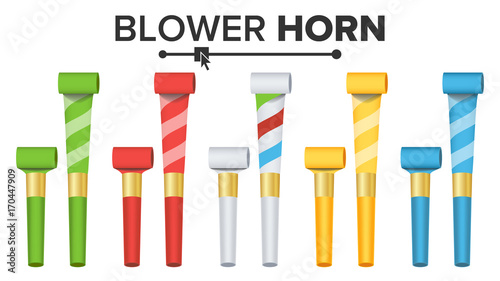 Party Horn Set Vector. Color Penny Whistle. Top View. Isolated On White Illustration
