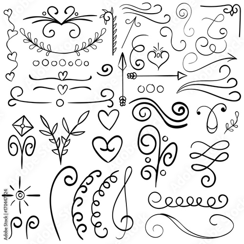 Calligraphic illustration set for text vintage ornaments with floral elements arrows, hand drawn