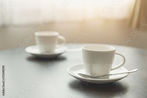 two cup of coffee on wood table meeting concept