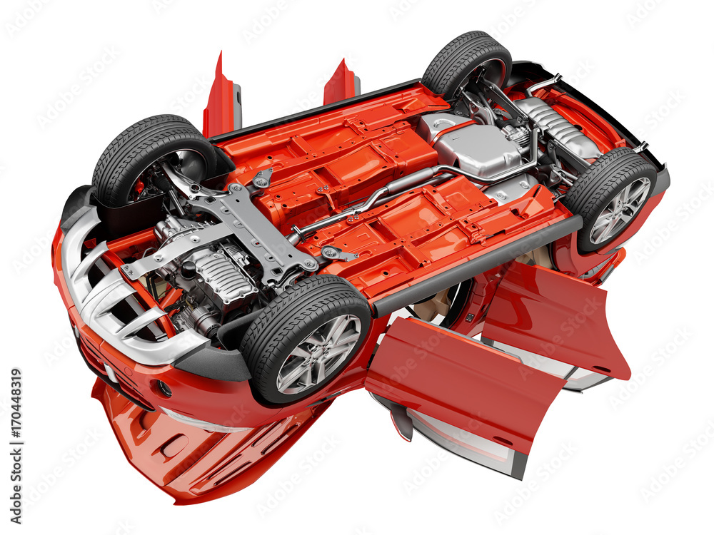 Naklejka premium Suv red car with open doors viewed from bottom.