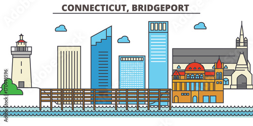 Connecticut, Bridgeport.City skyline: architecture, buildings, streets, silhouette, landscape, panorama, landmarks. Editable strokes. Flat design line vector illustration concept. Isolated icons